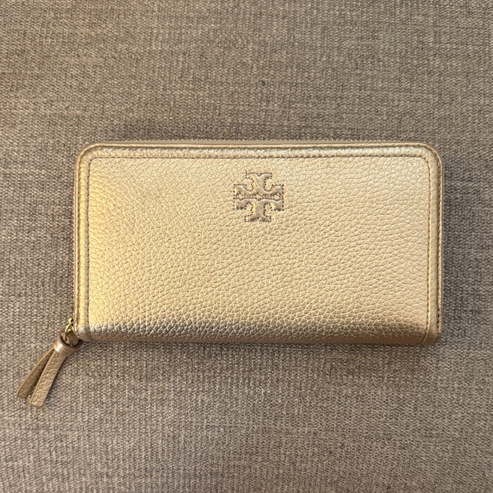 Tory Burch Metallic Gold Pebbled Zip Wallet